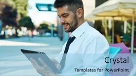  Presentation with cafe - Cool new theme with avant garde restaurant business - happy businessman working outdoor backdrop and a  colored foreground