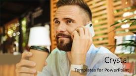  Presentation with photo - Colorful slide deck enhanced with avant garde restaurant business - photo of handsome happy young backdrop and a  colored foreground