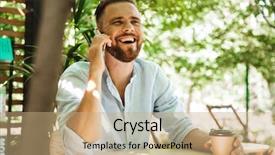  Presentation with photo - Theme having avant garde restaurant business - photo of handsome happy young background and a  colored foreground