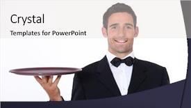  Presentation with restaurant waiter - Audience pleasing PPT layouts consisting of avant garde restaurant business - smart waiter backdrop and a  colored foreground