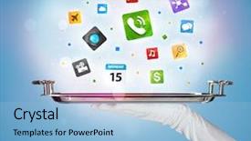  Presentation with white plate - PPT theme having avant garde restaurant business - stylish waiter hand with white background and a light blue colored foreground