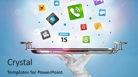  Presentation with waiter hand in white glove - Presentation theme featuring avant garde restaurant business - stylish waiter hand with white background and a light blue colored foreground