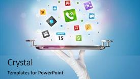  Presentation with waiter hand in white glove - Beautiful PPT layouts featuring avant garde restaurant business - stylish waiter hand with white backdrop and a  colored foreground