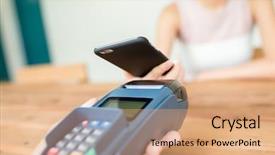  Presentation with mobile phone in woman hand - Slides featuring avant garde restaurant business - woman checkout by mobile phone background and a coral colored foreground