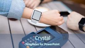  Presentation with nfc technology - Presentation theme with avant garde restaurant business - woman pay by smart watch background and a ocean colored foreground