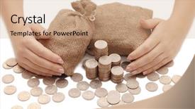  Presentation with money bag sysmbol - Cool new PPT theme with hands protects bags with money backdrop and a coral colored foreground