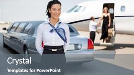  Presentation with private jet - Slide set having aviation - portrait of attractive airhostess standing background and a gray colored foreground