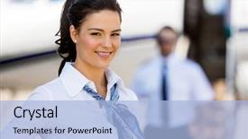  Presentation with private jet - Presentation design having aviation - portrait of beautiful stewardesses smiling background and a light blue colored foreground