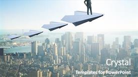  Presentation with plane - Theme featuring aviation career - businessman flying on paper plane background and a gray colored foreground
