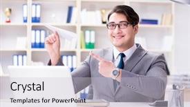  Presentation with small airplane - Audience pleasing presentation theme consisting of aviation free - businessman with paper airplane backdrop and a  colored foreground