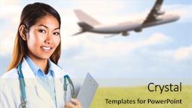  Presentation with asian doctor - PPT theme featuring aviation medicine - asian doctor holding clipboard background and a yellow colored foreground
