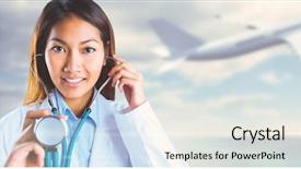  Presentation with asian doctor - Audience pleasing PPT theme consisting of aviation medicine - asian doctor holding her stethoscope backdrop and a sky blue colored foreground