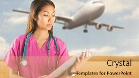  Presentation with asian - Slide set consisting of aviation medicine - asian nurse with stethoscope looking background and a coral colored foreground