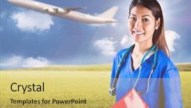  Presentation with camera - Slide deck having aviation medicine - asian nurse with stethoscope looking background and a yellow colored foreground