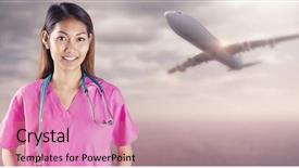  Presentation with landscape desert - Colorful presentation design enhanced with aviation medicine - asian nurse with stethoscope looking backdrop and a coral colored foreground