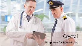 Presentation with airplane pilot - Cool new slide deck with aviation medicine - commercial airplane pilot with doctor backdrop and a coral colored foreground