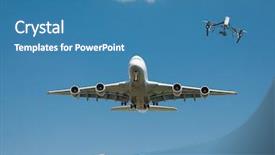  Presentation with collision - Presentation theme featuring aviation risk - drone flying near commercial airplane background and a teal colored foreground