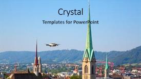  Presentation with drone - Colorful slide set enhanced with aviation security - drone over zurich city historical backdrop and a light blue colored foreground