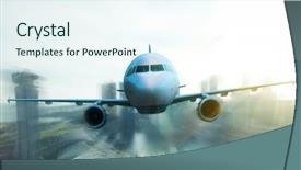  Presentation with academic buildings - Presentation theme featuring image white passenger plane blue sky clouds - airplane flying over high buildings background and a sky blue colored foreground