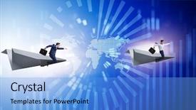  Presentation with plane flying in everest - Slide deck having businessman flying on paper plane background and a light blue colored foreground