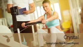 Presentation with trainer - PPT theme consisting of aviron - fit woman working background and a coral colored foreground