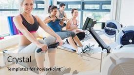  Presentation with rowing - Colorful PPT theme enhanced with aviron - smiling woman on rowing machine backdrop and a soft green colored foreground