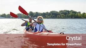  Presentation with beautiful mountains river lake sky nature - Beautiful slide deck featuring aviron - young happy couple paddling kayak backdrop and a tawny brown colored foreground