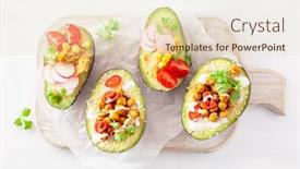  Presentation with avocado - Slides with avocado boats stuffed with hummus tomatoes radish roasted chickpea background and a lemonade colored foreground