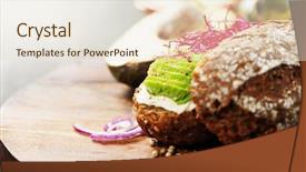  Presentation with fresh avocado - Amazing PPT theme having avocado sandwich on dark rye backdrop and a lemonade colored foreground