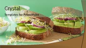  Presentation with not healthy drink - Beautiful PPT layouts featuring avocado sandwich with cucumber alfalfa backdrop and a seafoam green colored foreground