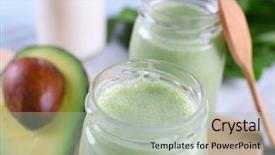  Presentation with avocado - Slide deck with avocado smoothie on wooden cutting board closeup background and a light gray colored foreground