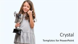  Presentation with congratulations trophy - Cool new PPT theme with award - brunette hispanic girl holding backdrop and a cool aqua colored foreground