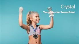  Presentation with gold trophy blue - Beautiful presentation theme featuring award - cheerful little sports girl celebrating backdrop and a teal colored foreground