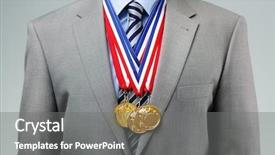  Presentation with award winning - Presentation enhanced with award - gold medals hanging background and a gray colored foreground