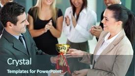  Presentation with trophy award - Cool new presentation design with award - happy business team winning backdrop and a tawny brown colored foreground