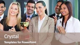 Presentation with trophy award - PPT theme with award - pretty businesswoman and team receiving background and a coral colored foreground
