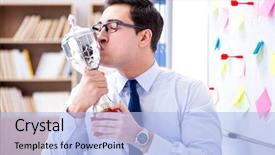  Presentation with prize - PPT layouts with award - young businessman receiving prize cup background and a light blue colored foreground