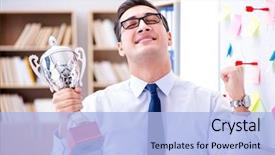  Presentation with prize - PPT theme consisting of award - young businessman receiving prize cup background and a light blue colored foreground