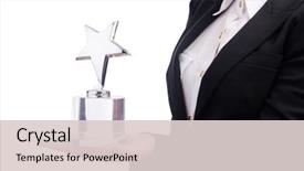  Presentation with award - Cool new theme with award - young businesswoman isolated backdrop and a lemonade colored foreground