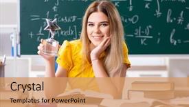  Presentation with worried young female college student - Beautiful theme featuring award - young female student front backdrop and a coral colored foreground