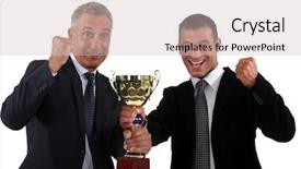  Presentation with award ceremony - PPT theme consisting of award ceremony - businessmen holding a golden cup background and a soft green colored foreground