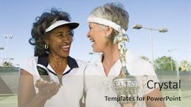  Presentation with trophy - Theme having award check - excited senior tennis players background and a  colored foreground