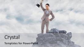  Presentation with trophy - Presentation design with digital composite of business woman with trophy on mountain peak in the clouds background and a light gray colored foreground