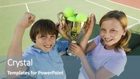  Presentation with trophy - Colorful slide set enhanced with free award - brother and sister with tennis backdrop and a teal colored foreground