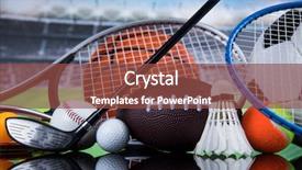  Presentation with equipment - PPT layouts with award red orange - assorted sports equipment background and a tawny brown colored foreground