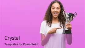  Presentation with trophy award hand holding - PPT theme featuring award show - young hispanic woman holding trophy background and a lilac colored foreground