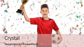  Presentation with trophy award - Colorful slides enhanced with award soccer - joyful boy holding a football backdrop and a coral colored foreground