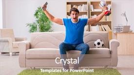  Presentation with 3d man sitting question mark - Amazing PPT theme having award soccer - man watching football at home backdrop and a coral colored foreground