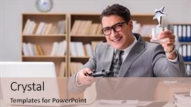  Presentation with computer games - Audience pleasing presentation consisting of award video - businessman playing computer games backdrop and a  colored foreground