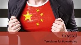  Presentation with checkered flag - Colorful presentation enhanced with flags volleyball - businessman stretching suit with chinese backdrop and a  colored foreground